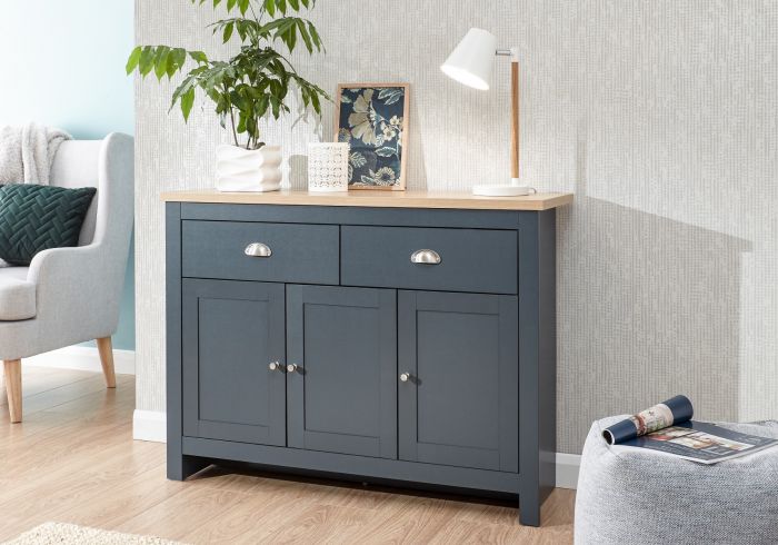 GFW Lancaster Large Sideboard traditional style with 3 doors 2 drawers a wood effect top and chrome handles available in slate blue grey and cream