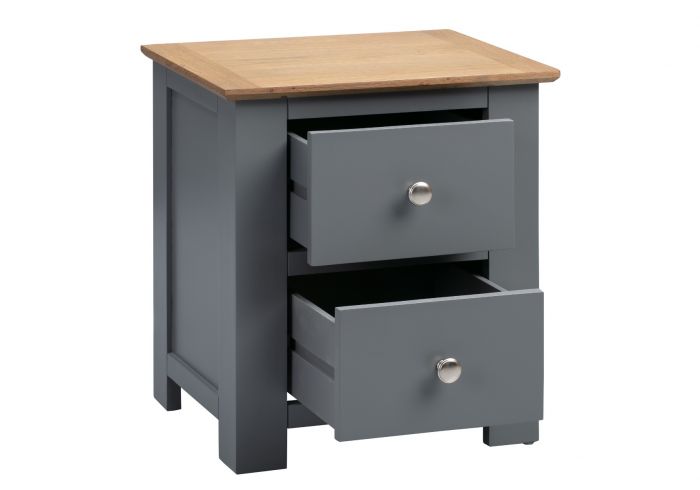 Classic style grey painted wooden 2 drawer bedside with a solid oak top. Shiny chrome handles.