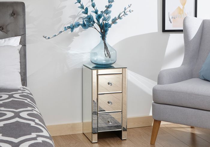 GFW Mirrored 3 Drawer Slim Chest modern design bevelled edges and crystal handles