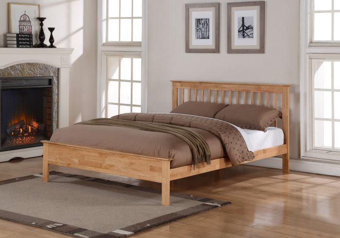 Classic styled solid wood bed frame, oak finish, slatted headboard low foot end