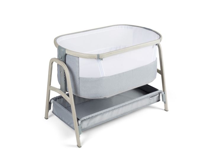 Bedside baby crib, grey and white with see-through mesh, white metal frame