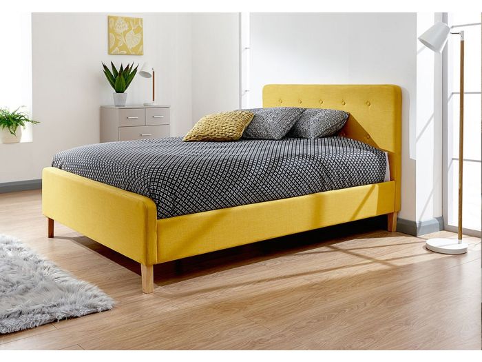 GFW Ashbourne Mustard Fabric Bed Frame Retro design vibrant mustard yellow hopsack buttoned headboard wooden legs