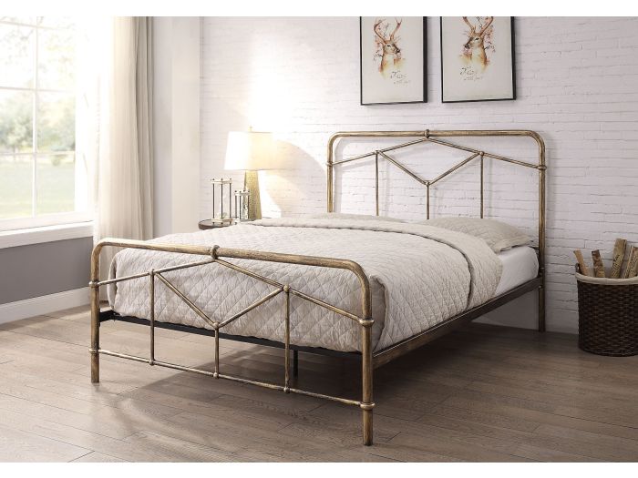 Metal bed frame with an art deco style. Geometric designed headboard and foot board. Distressed antique bronze finish.