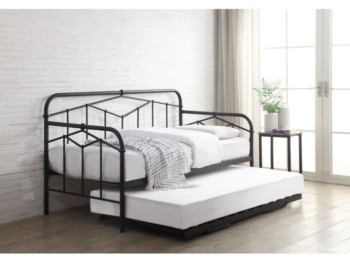 Black Metal Day bed with an art deco design. Pull-out under bed that raises to the same height as the main bed.