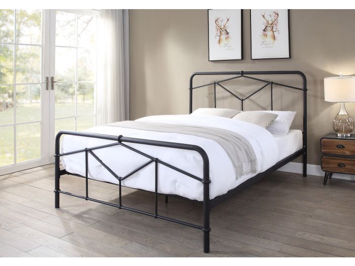 Metal bed frame with an art deco style. Geometric designed headboard and foot board. Matte Black finish.