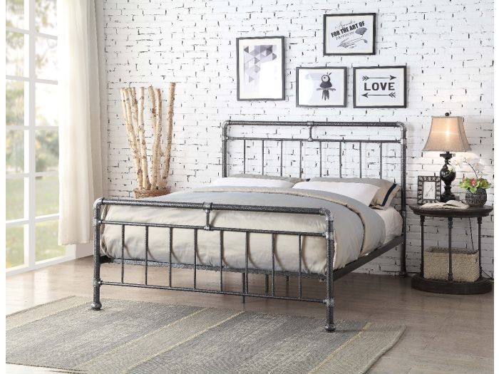 Contemporary, industrial style metal bed frame with pipe joint detailing and a rugged textured look. Silver and black finish.