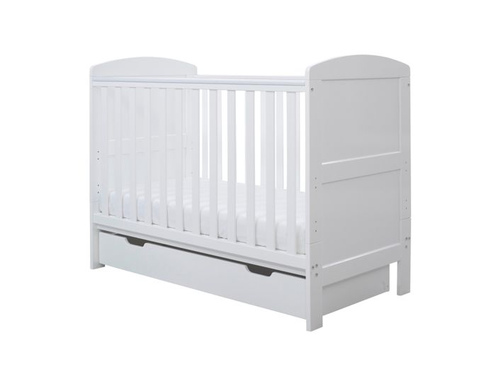 Ickle Bubba Coleby Mini Cot Bed and Under Drawer white finish classic style slatted base solid end panels suitable from birth to approx 4 years