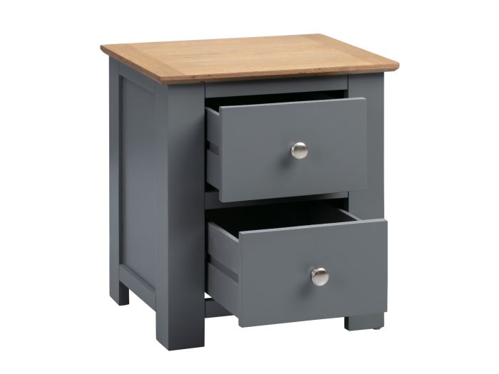 Classic style grey painted wooden 2 drawer bedside with a solid oak top. Shiny chrome handles.