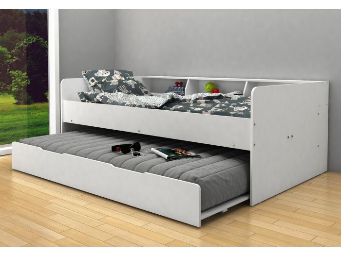 Modern white children's day bed with pull out trundle bed and storage shelves.