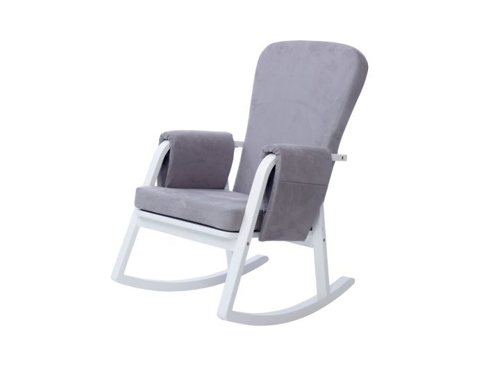 Ickle Bubba Dursley Rocking Chair white metal frame grey suedette fabric Padded back and arm rests handy storage pockets