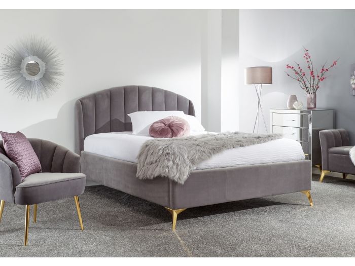 Luxurious fabric bed frame deep cushioned winged headboard angled gold feet available in grey, pink, teal and royal blue