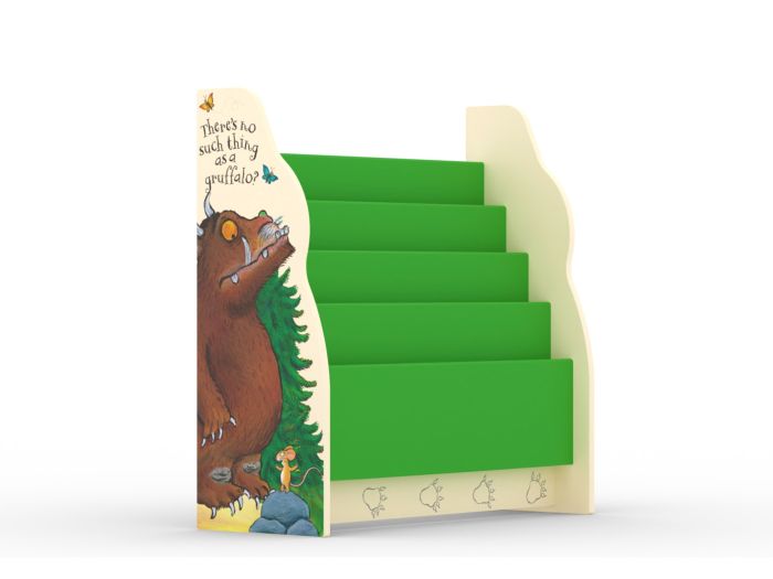 Children's brightly coloured Gruffalo themed sling bookcase. Images of the Gruffalo and mouse on the sides. 4 Bright green book sleeves