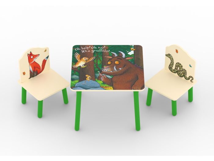 Children's Gruffalo themed table and 2 chair set with Brightly coloured images of the Gruffalo, owl fox, mouse and snake