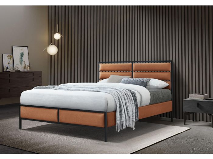 Tan Faux Leather Bed Frame, Contemporary style with a sleek black metal frame. Padded headboard, low foot end.