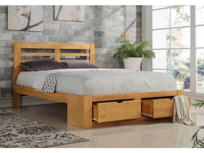 Contemporary solid hardwood bed frame, oak finish, 2 drawers at the foot end. Also in white