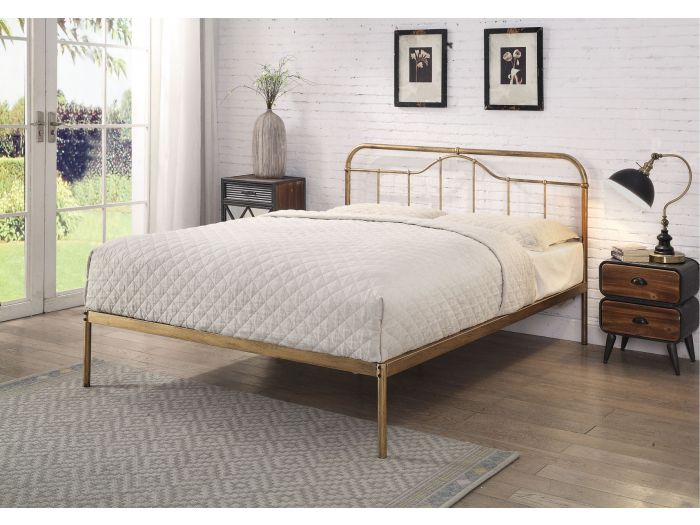 Antique bronze metal bed frame with a curved headboard and low foot end. Elegant, minimal design