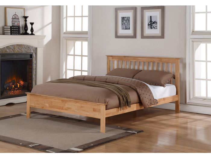 Classic styled solid wood bed frame, oak finish, slatted headboard low foot end