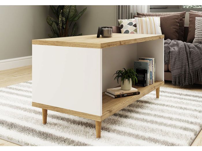 GFW Presto Coffee Table Modern style White and Oak effect finish tapered wooden legs Two open shelves particle board construction