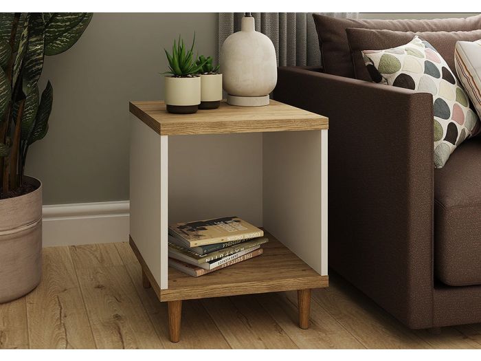 GFW Presto Lamp Table Modern design white and oak effect finish tapered wooden legs open storage shelf