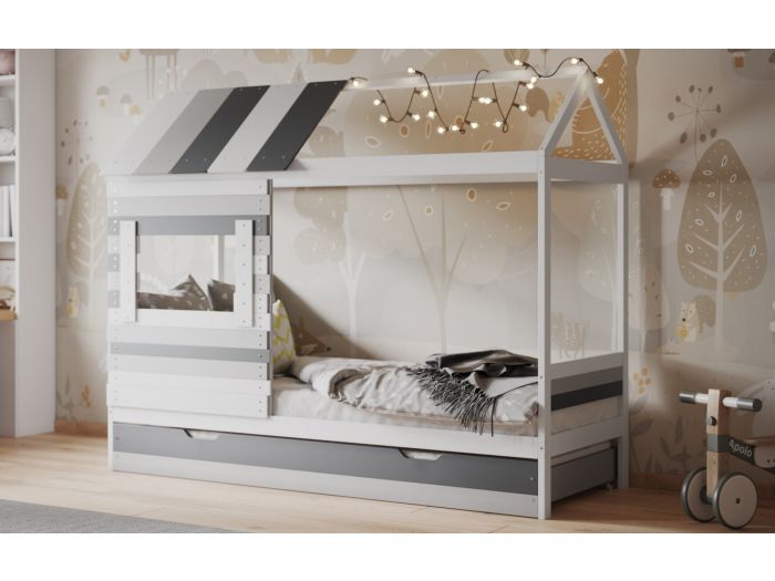 White and Grey Woodland House Bed With Trundle