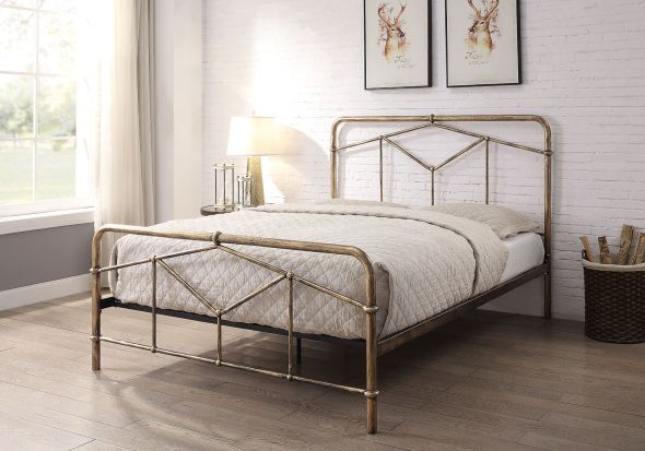 Metal bed frame with an art deco style. Geometric designed headboard and foot board. Distressed antique bronze finish.