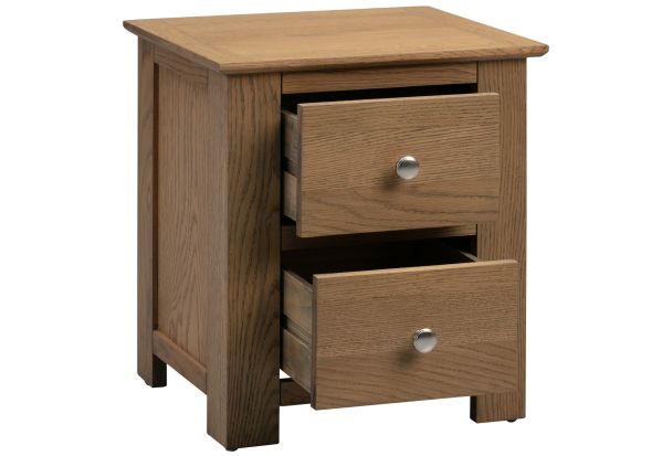 Modern 2 drawer wooden bedside with a smoked oak finish and chrome handles.