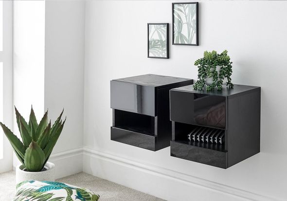 GFW Galicia Pair of Wall Hanging Bedside Tables modern high gloss finish in black white or grey blue led lights two shelving compartments