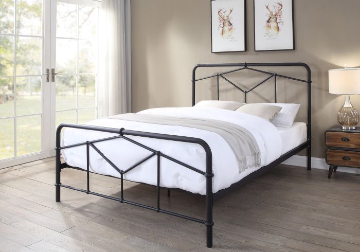 Metal bed frame with an art deco style. Geometric designed headboard and foot board. Matte Black finish.