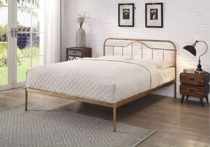 Antique bronze metal bed frame with a curved headboard and low foot end. Elegant, minimal design