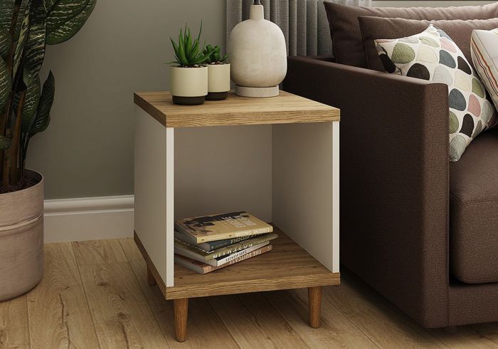 GFW Presto Lamp Table Modern design white and oak effect finish tapered wooden legs open storage shelf