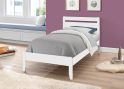 A contemporary style white wooden bed frame, horizontal slatted headboard and tapered legs