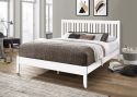 Contemporary white wooden bed frame with a modern slatted headboard and tapered legs