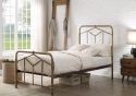 Metal bed frame with an art deco style. Geometric designed headboard and foot board. Distressed antique bronze finish.