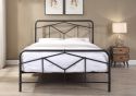 Metal bed frame with an art deco style. Geometric designed headboard and foot board. Matte Black finish.