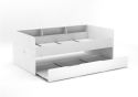 Modern white children's day bed with pull out trundle bed and storage shelves.