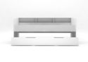 Modern white children's day bed with pull out trundle bed and storage shelves.