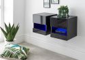 GFW Galicia Pair of Wall Hanging Bedside Tables modern high gloss finish in black white or grey blue led lights two shelving compartments