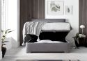 A luxurious contemporary ottoman bed frame with a modern horizontal padded headboard in grey fabric