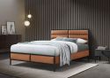 Tan Faux Leather Bed Frame, Contemporary style with a sleek black metal frame. Padded headboard, low foot end.