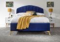 Luxurious fabric bed frame deep cushioned winged headboard angled gold feet available in grey, pink, teal and royal blue