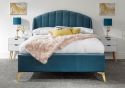 Luxurious fabric bed frame deep cushioned winged headboard angled gold feet available in grey, pink, teal and royal blue